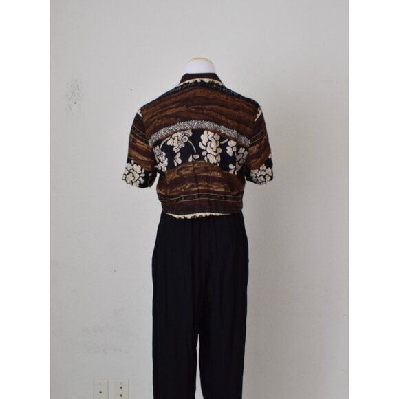Vintage 90s Black/Brown Rayon Jumpsuit/Romper size 10 | 28-30 waist - Picture 2 of 10